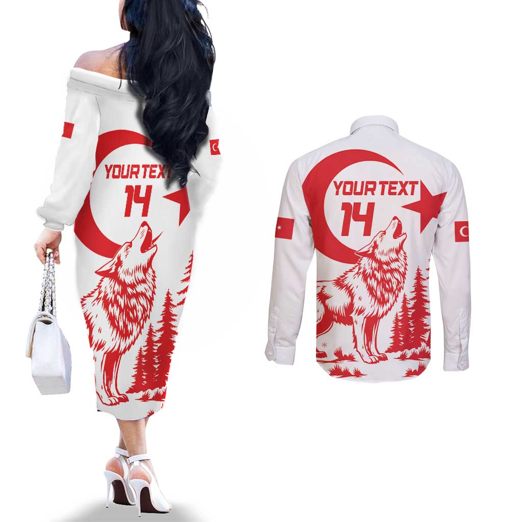Custom Turkey Football Couples Matching Off The Shoulder Long Sleeve Dress and Long Sleeve Button Shirt Turkyie Wolf With Crescent-Stars