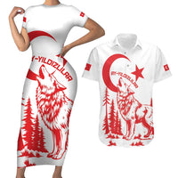 Custom Turkey Football Couples Matching Short Sleeve Bodycon Dress and Hawaiian Shirt Turkyie Wolf With Crescent-Stars