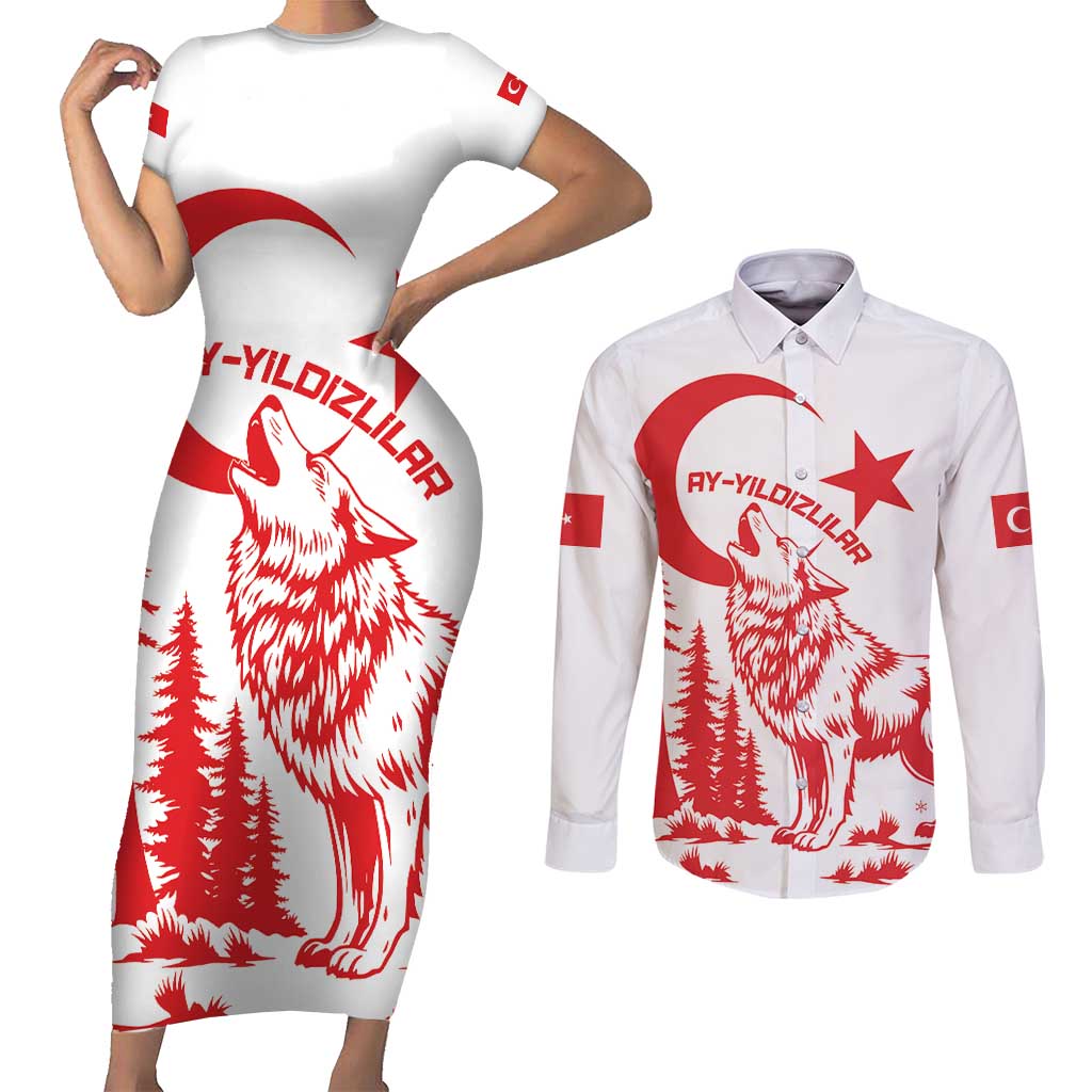 Custom Turkey Football Couples Matching Short Sleeve Bodycon Dress and Long Sleeve Button Shirt Turkyie Wolf With Crescent-Stars