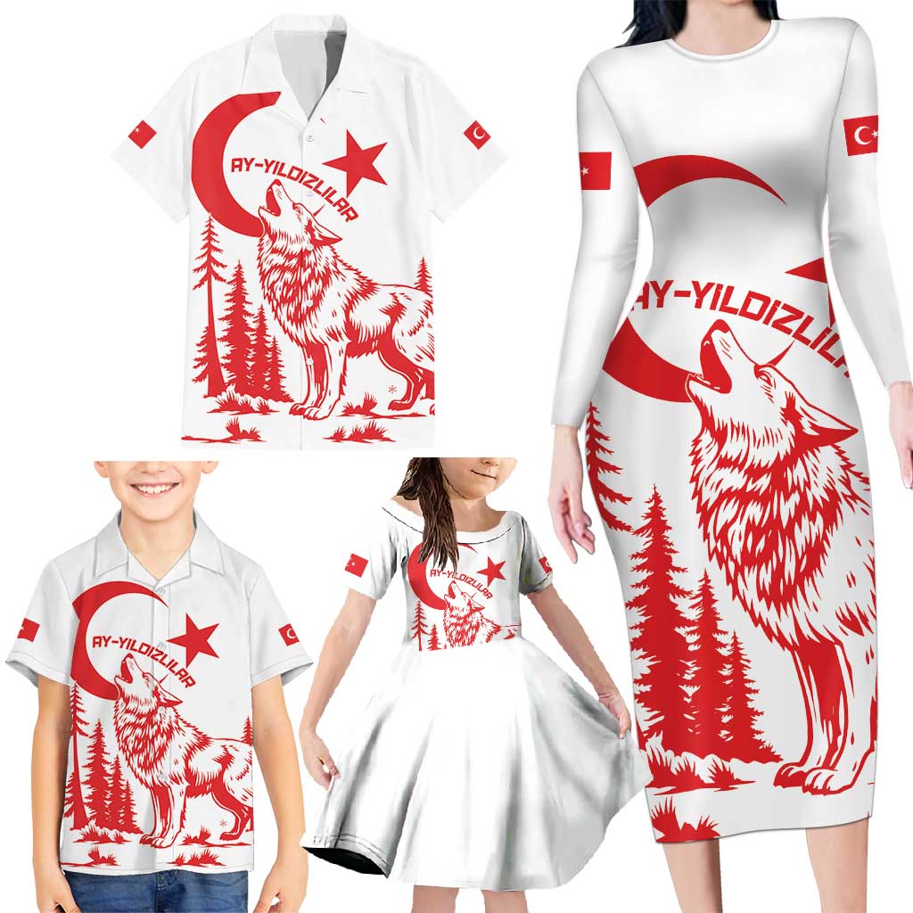 Custom Turkey Football Family Matching Long Sleeve Bodycon Dress and Hawaiian Shirt Turkyie Wolf With Crescent-Stars
