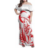 Custom Turkey Football Family Matching Off Shoulder Maxi Dress and Hawaiian Shirt Turkyie Wolf With Crescent-Stars