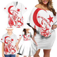 Custom Turkey Football Family Matching Off Shoulder Short Dress and Hawaiian Shirt Turkyie Wolf With Crescent-Stars