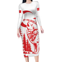 Custom Turkey Football Long Sleeve Bodycon Dress Turkyie Wolf With Crescent-Stars