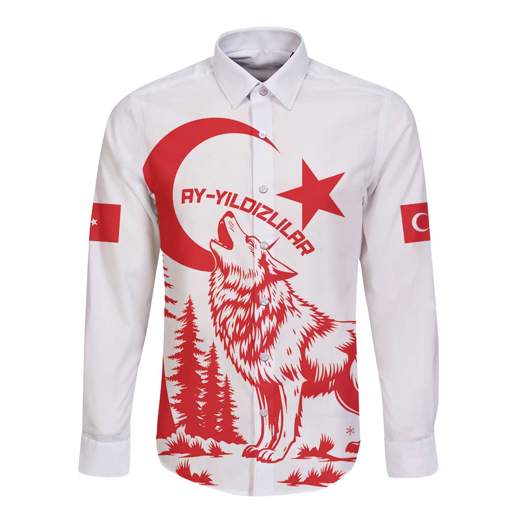 Custom Turkey Football Long Sleeve Button Shirt Turkyie Wolf With Crescent-Stars