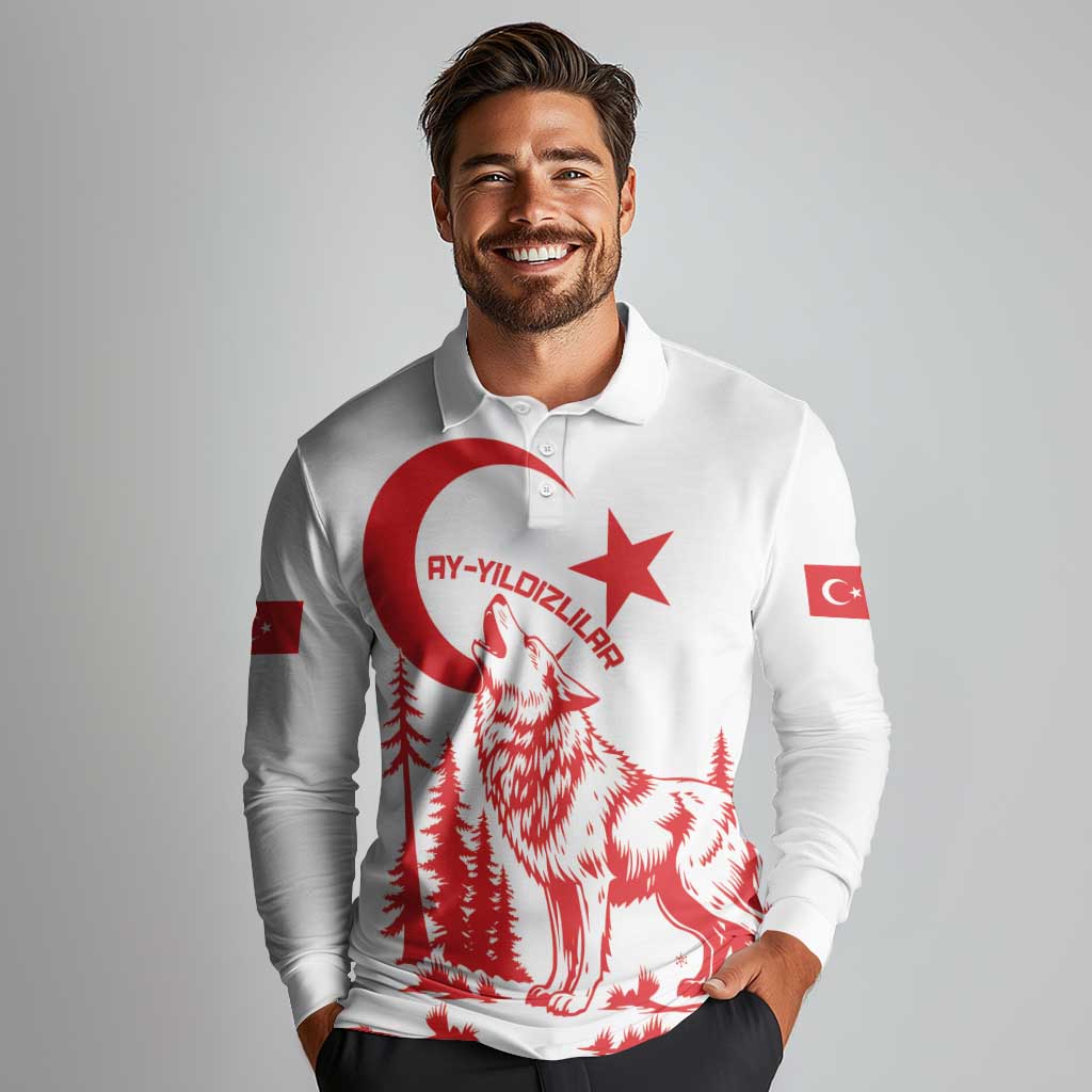 Custom Turkey Football Long Sleeve Polo Shirt Turkyie Wolf With Crescent-Stars