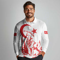 Custom Turkey Football Long Sleeve Polo Shirt Turkyie Wolf With Crescent-Stars