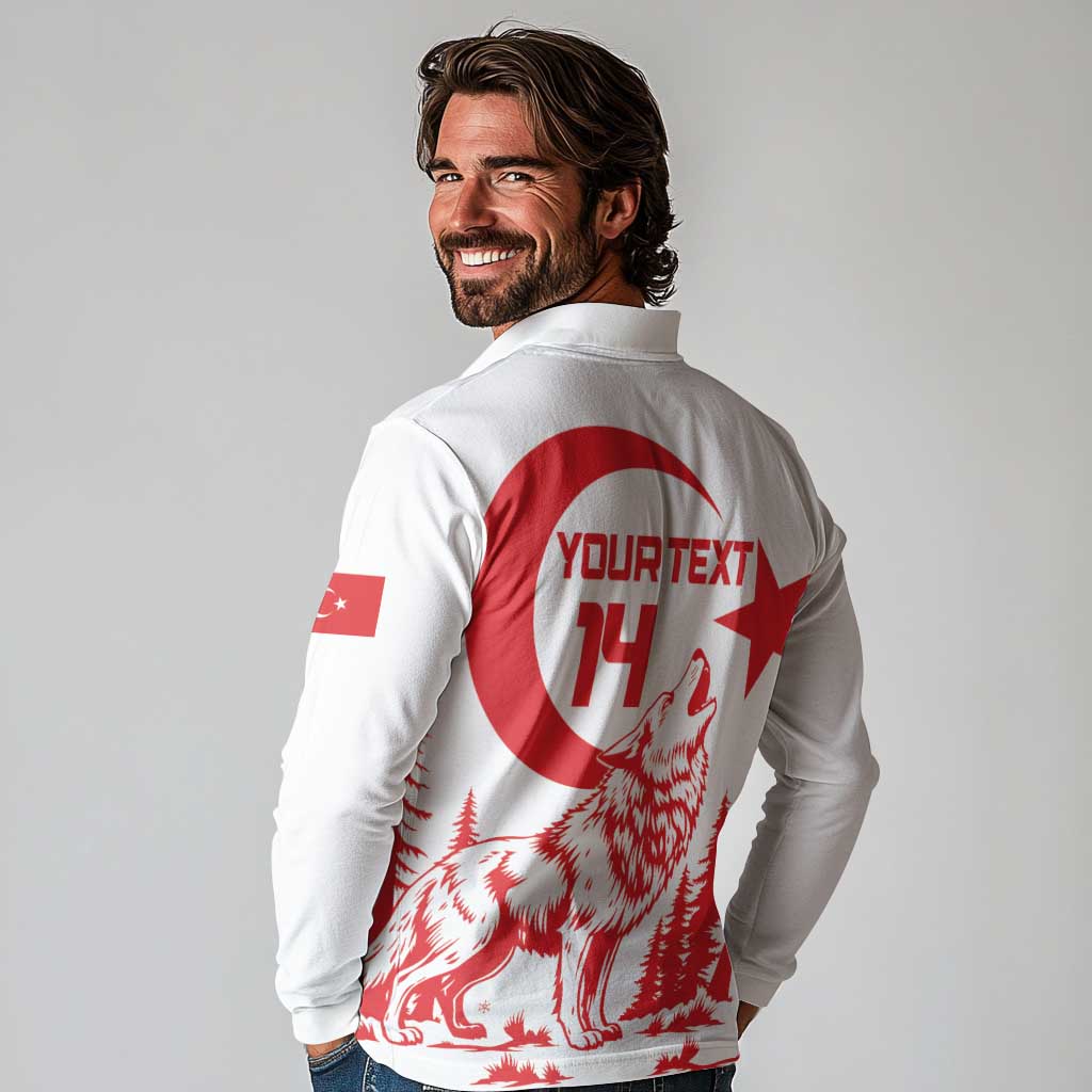 Custom Turkey Football Long Sleeve Polo Shirt Turkyie Wolf With Crescent-Stars