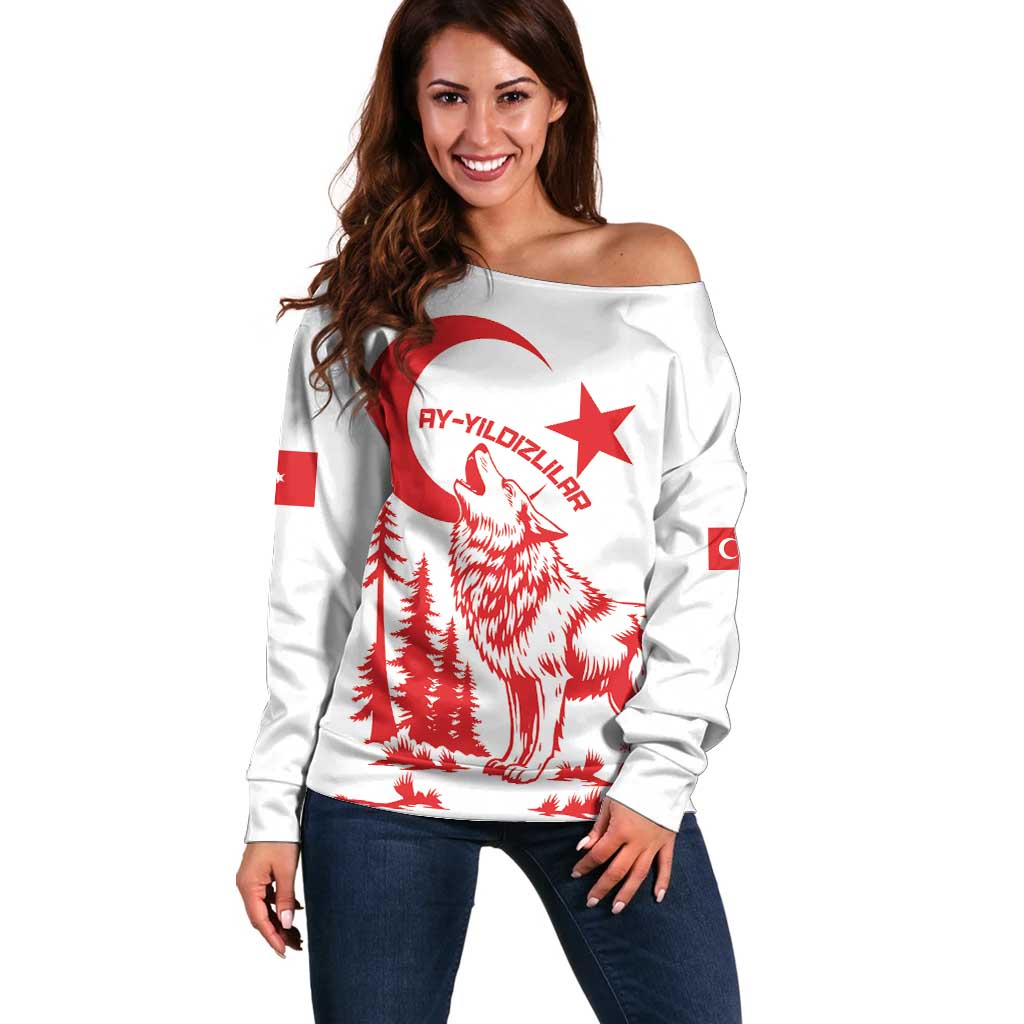 Custom Turkey Football Off Shoulder Sweater Turkyie Wolf With Crescent-Stars
