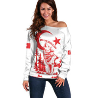 Custom Turkey Football Off Shoulder Sweater Turkyie Wolf With Crescent-Stars