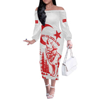 Custom Turkey Football Off The Shoulder Long Sleeve Dress Turkyie Wolf With Crescent-Stars