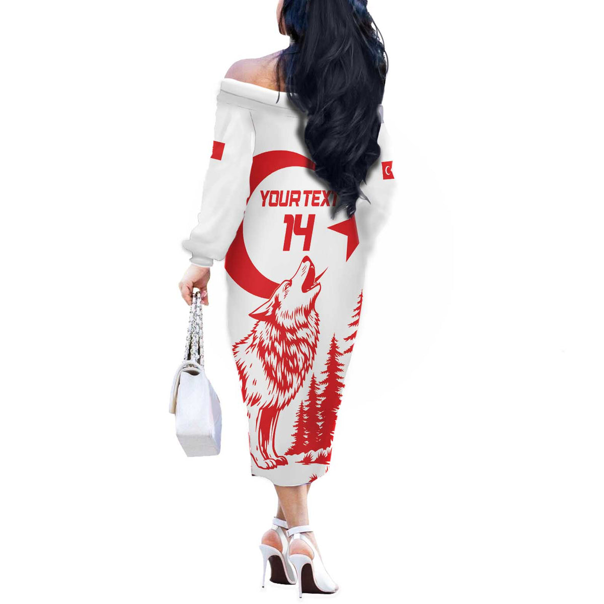 Custom Turkey Football Off The Shoulder Long Sleeve Dress Turkyie Wolf With Crescent-Stars