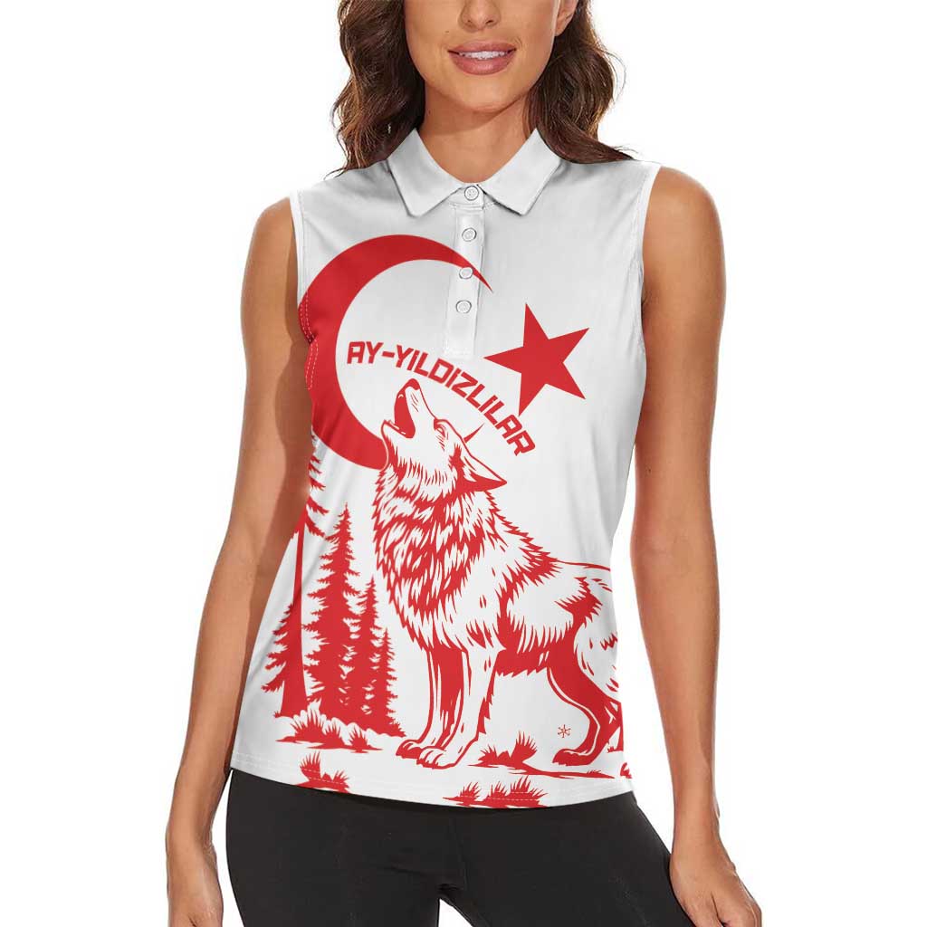 Custom Turkey Football Women Sleeveless Polo Shirt Turkyie Wolf With Crescent-Stars