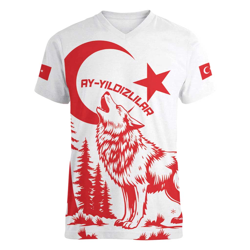 Custom Turkey Football Women V-Neck T-Shirt Turkyie Wolf With Crescent-Stars