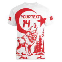 Custom Turkey Football Women V-Neck T-Shirt Turkyie Wolf With Crescent-Stars