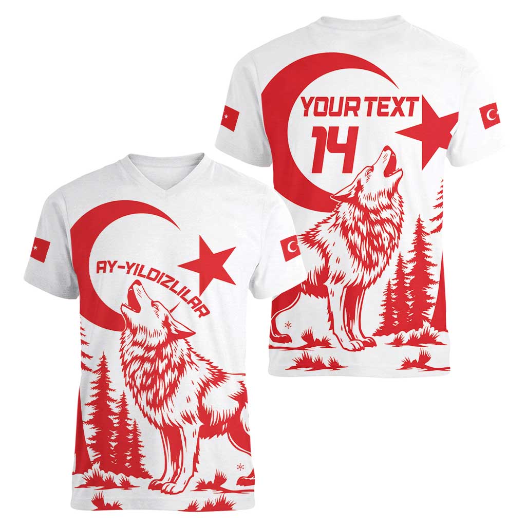 Custom Turkey Football Women V-Neck T-Shirt Turkyie Wolf With Crescent-Stars