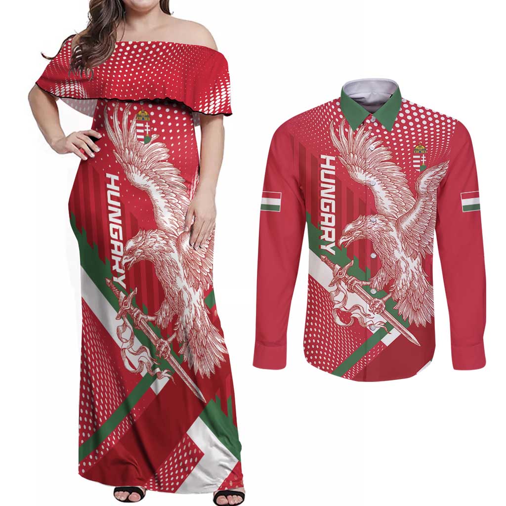 Custom Hungary Football Couples Matching Off Shoulder Maxi Dress and Long Sleeve Button Shirt Come On Magyarok