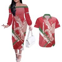 Custom Hungary Football Couples Matching Off The Shoulder Long Sleeve Dress and Hawaiian Shirt Come On Magyarok