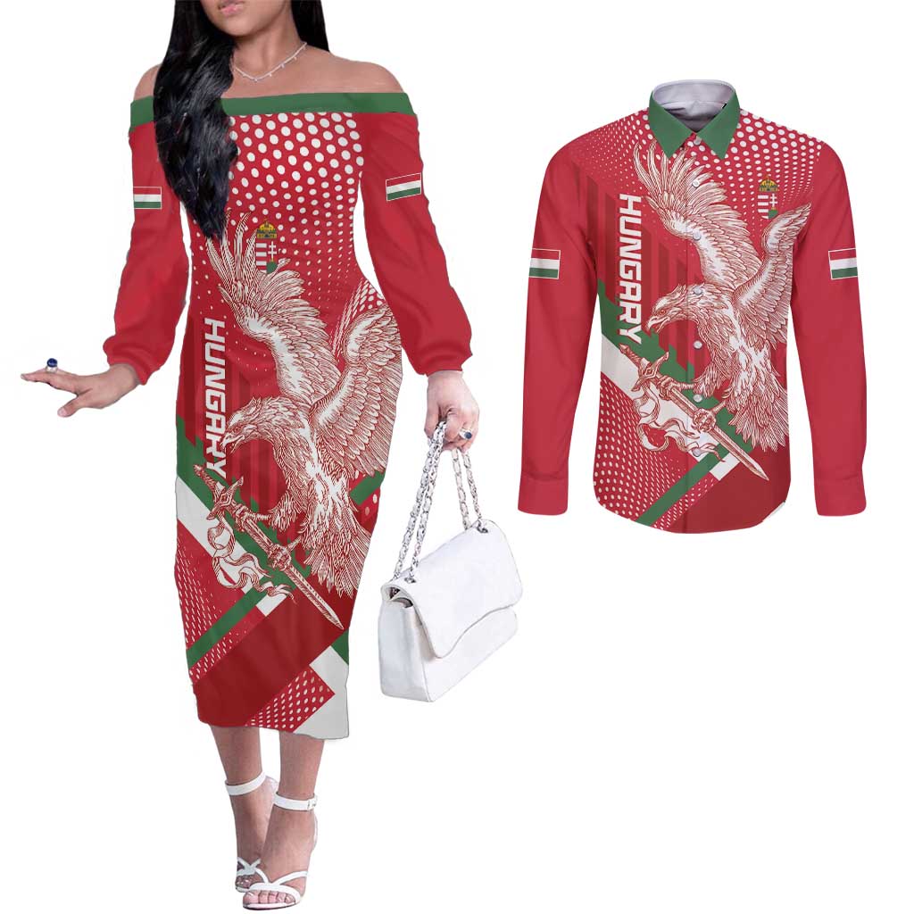 Custom Hungary Football Couples Matching Off The Shoulder Long Sleeve Dress and Long Sleeve Button Shirt Come On Magyarok