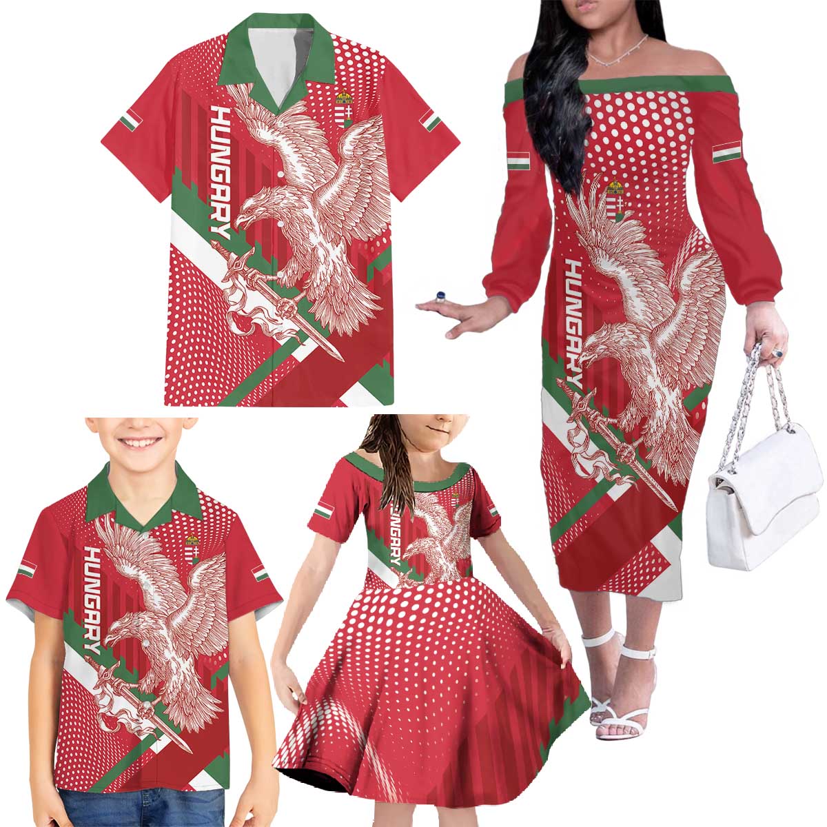 Custom Hungary Football Family Matching Off The Shoulder Long Sleeve Dress and Hawaiian Shirt Come On Magyarok