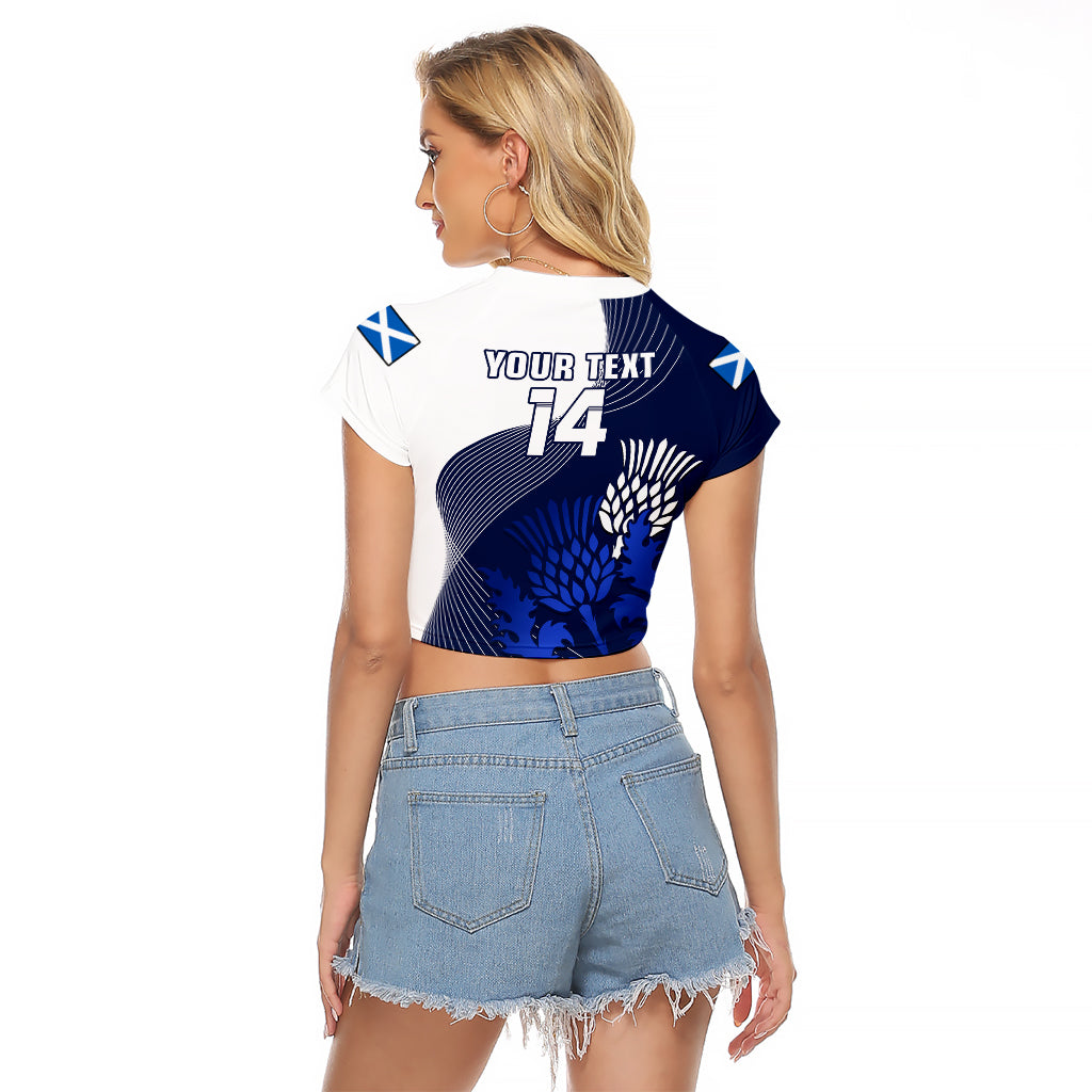 (Custom Text And Number) Scotland Rugby Raglan Cropped T Shirt Thistle Unique Go Scottish Blue Version - Wonder Print Shop