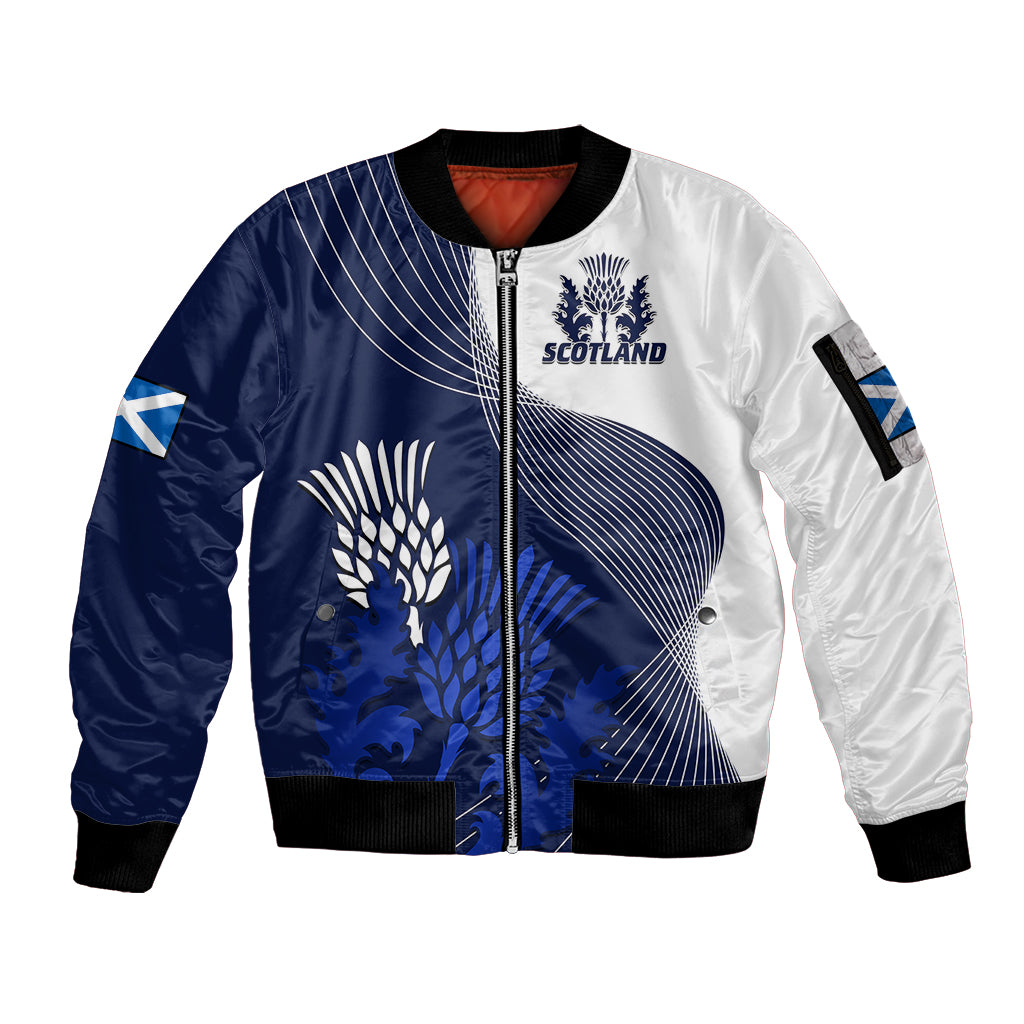 (Custom Text And Number) Scotland Rugby Sleeve Zip Bomber Jacket Thistle Unique Go Scottish Blue Version - Wonder Print Shop