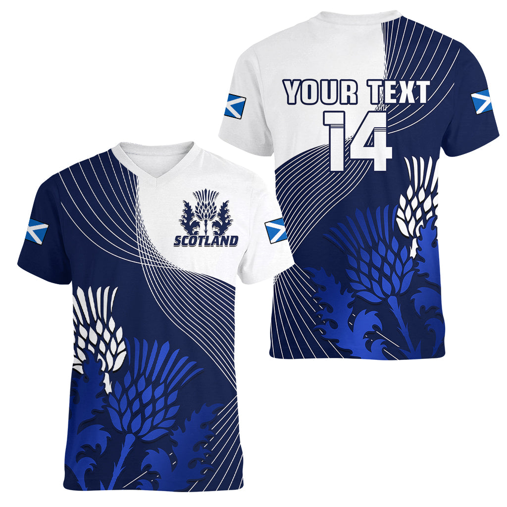(Custom Text And Number) Scotland Rugby Women V Neck T Shirt Thistle Unique Go Scottish Blue Version - Wonder Print Shop