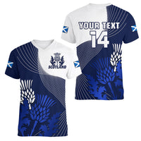 (Custom Text And Number) Scotland Rugby Women V Neck T Shirt Thistle Unique Go Scottish Blue Version - Wonder Print Shop
