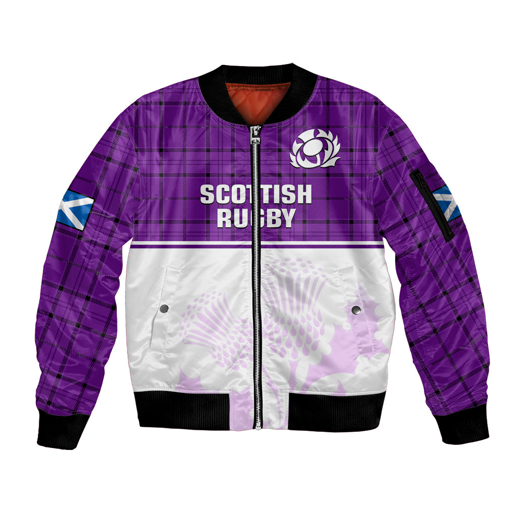 Scotland Rugby Sleeve Zip Bomber Jacket Thistle Mix Tartan Scottish Map Sporty Version Purple - Wonder Print Shop