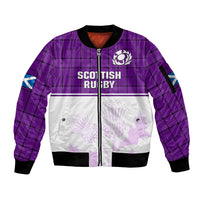 Scotland Rugby Sleeve Zip Bomber Jacket Thistle Mix Tartan Scottish Map Sporty Version Purple - Wonder Print Shop