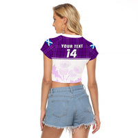 (Custom Text And Number) Scotland Rugby Raglan Cropped T Shirt Thistle Mix Tartan Scottish Map Sporty Version Purple - Wonder Print Shop