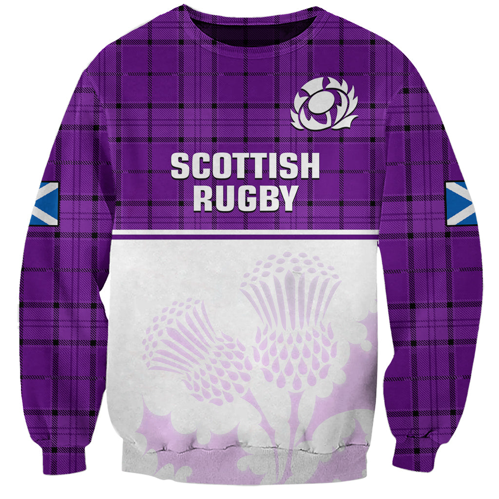 (Custom Text And Number) Scotland Rugby Sweatshirt Thistle Mix Tartan Scottish Map Sporty Version Purple - Wonder Print Shop
