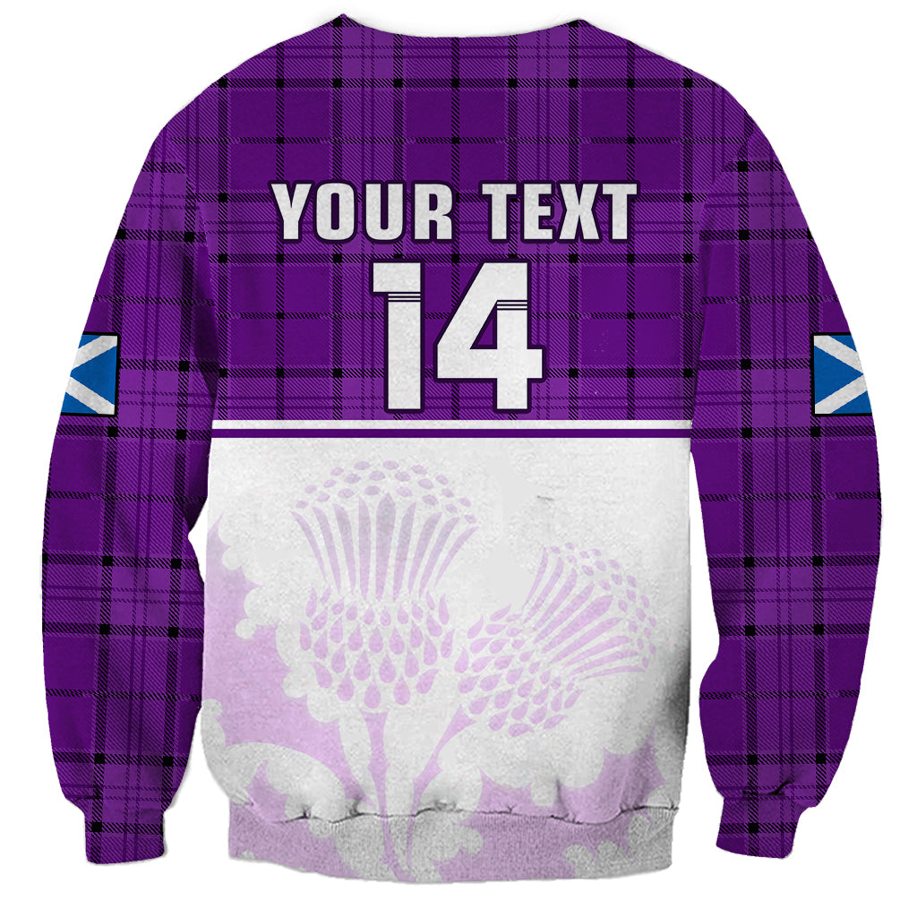 (Custom Text And Number) Scotland Rugby Sweatshirt Thistle Mix Tartan Scottish Map Sporty Version Purple - Wonder Print Shop