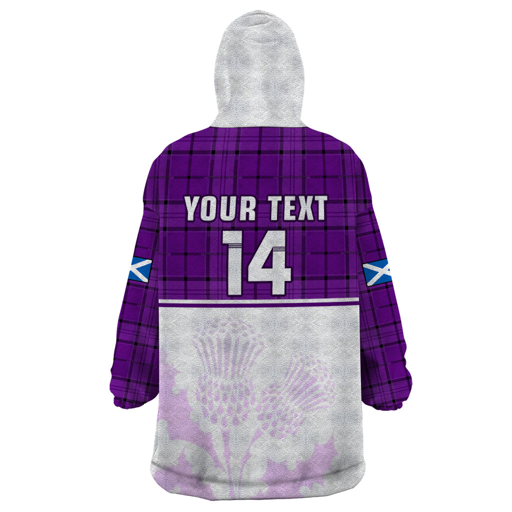 (Custom Text And Number) Scotland Rugby Wearable Blanket Hoodie Thistle Mix Tartan Scottish Map Sporty Version Purple - Wonder Print Shop