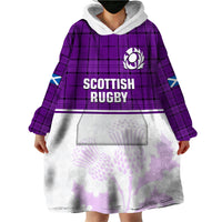 (Custom Text And Number) Scotland Rugby Wearable Blanket Hoodie Thistle Mix Tartan Scottish Map Sporty Version Purple - Wonder Print Shop