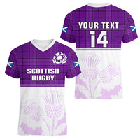(Custom Text And Number) Scotland Rugby Women V Neck T Shirt Thistle Mix Tartan Scottish Map Sporty Version Purple - Wonder Print Shop