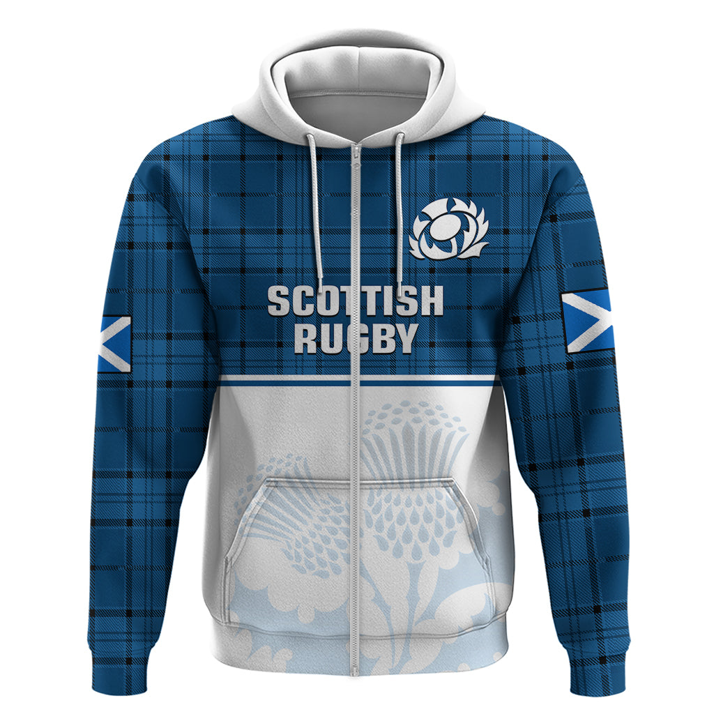Scotland Rugby Hoodie Thistle Mix Tartan Scottish Map Sporty Version Blue - Wonder Print Shop