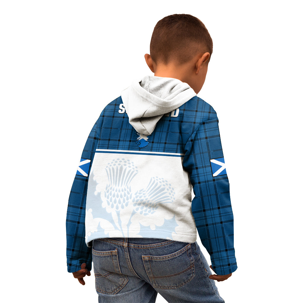Scotland Rugby Kid Hoodie Thistle Mix Tartan Scottish Map Sporty Version Blue - Wonder Print Shop