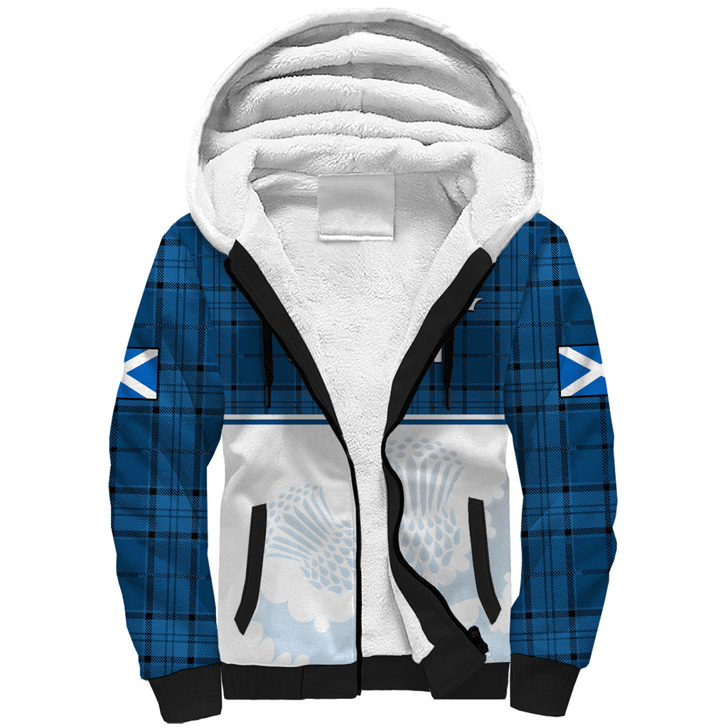 Scotland Rugby Sherpa Hoodie Thistle Mix Tartan Scottish Map Sporty Version Blue - Wonder Print Shop