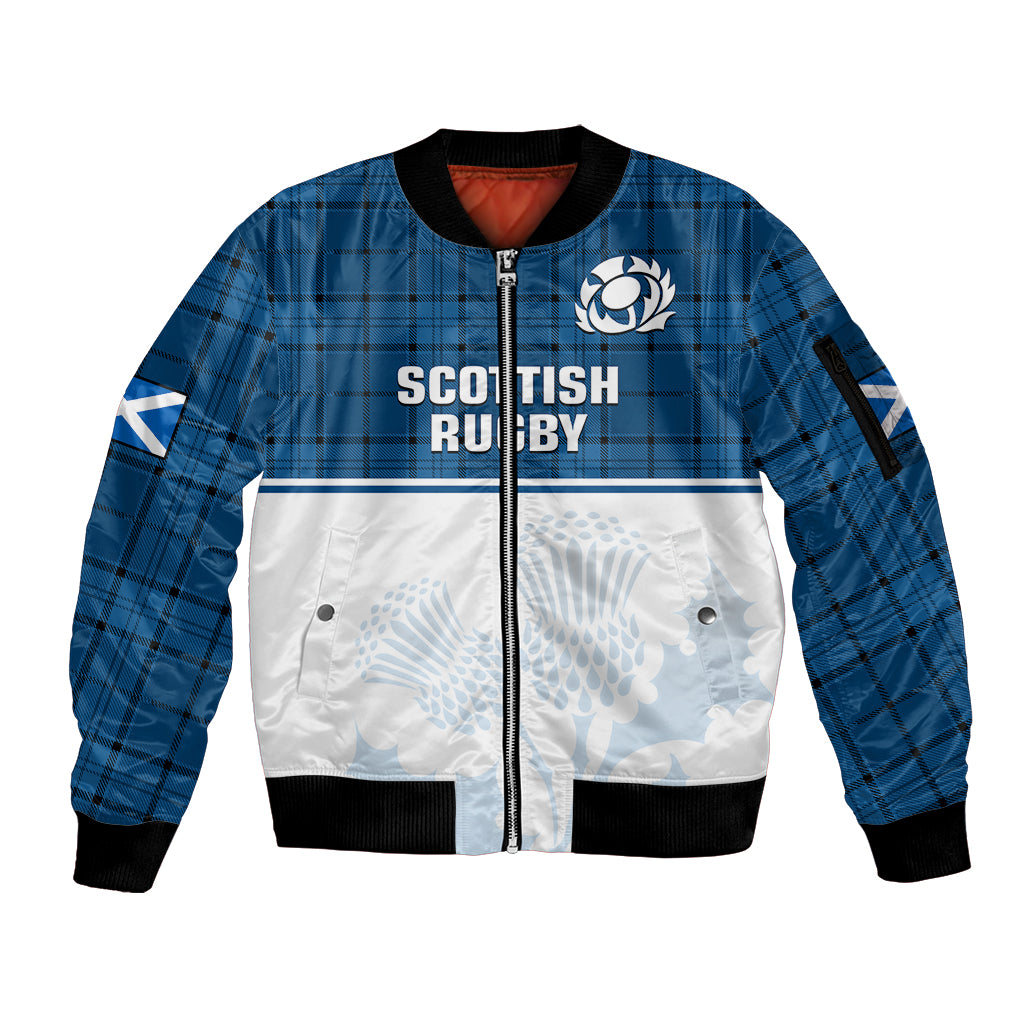 Scotland Rugby Sleeve Zip Bomber Jacket Thistle Mix Tartan Scottish Map Sporty Version Blue - Wonder Print Shop