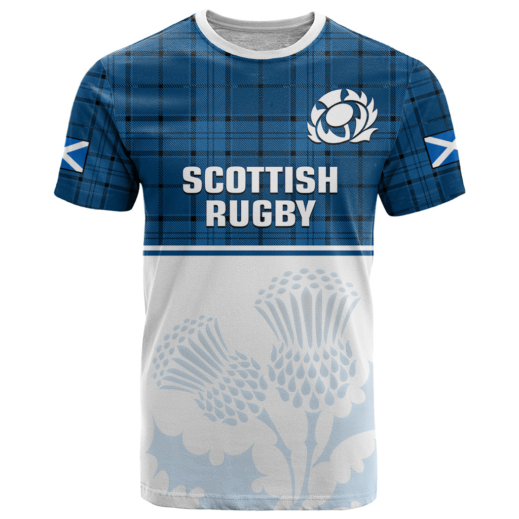 Scotland Rugby T Shirt Thistle Mix Tartan Scottish Map Sporty Version Blue - Wonder Print Shop