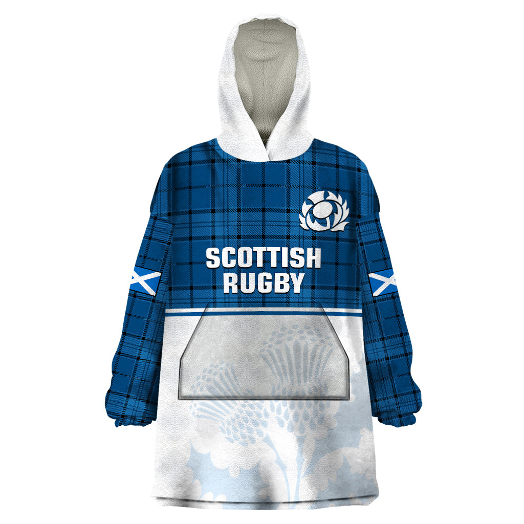 Scotland Rugby Wearable Blanket Hoodie Thistle Mix Tartan Scottish Map Sporty Version Blue - Wonder Print Shop