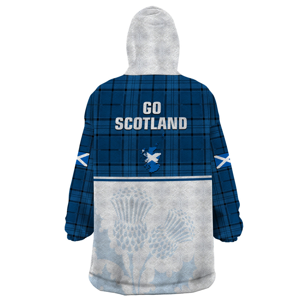Scotland Rugby Wearable Blanket Hoodie Thistle Mix Tartan Scottish Map Sporty Version Blue - Wonder Print Shop