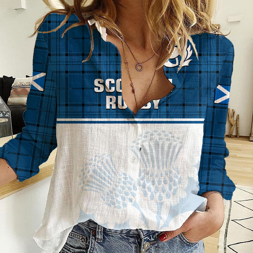 Scotland Rugby Women Casual Shirt Thistle Mix Tartan Scottish Map Sporty Version Blue - Wonder Print Shop