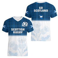 Scotland Rugby Women V Neck T Shirt Thistle Mix Tartan Scottish Map Sporty Version Blue - Wonder Print Shop