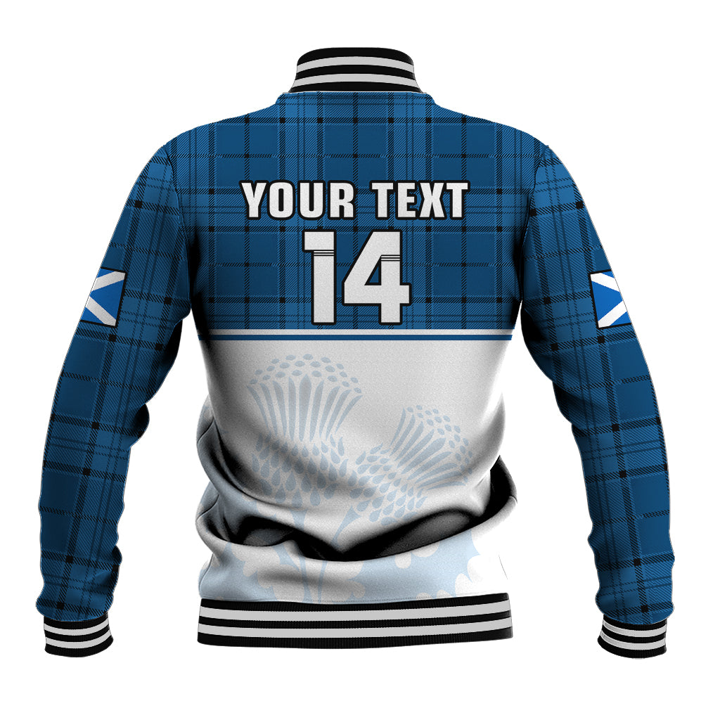(Custom Text And Number) Scotland Rugby Baseball Jacket Thistle Mix Tartan Scottish Map Sporty Version Blue - Wonder Print Shop