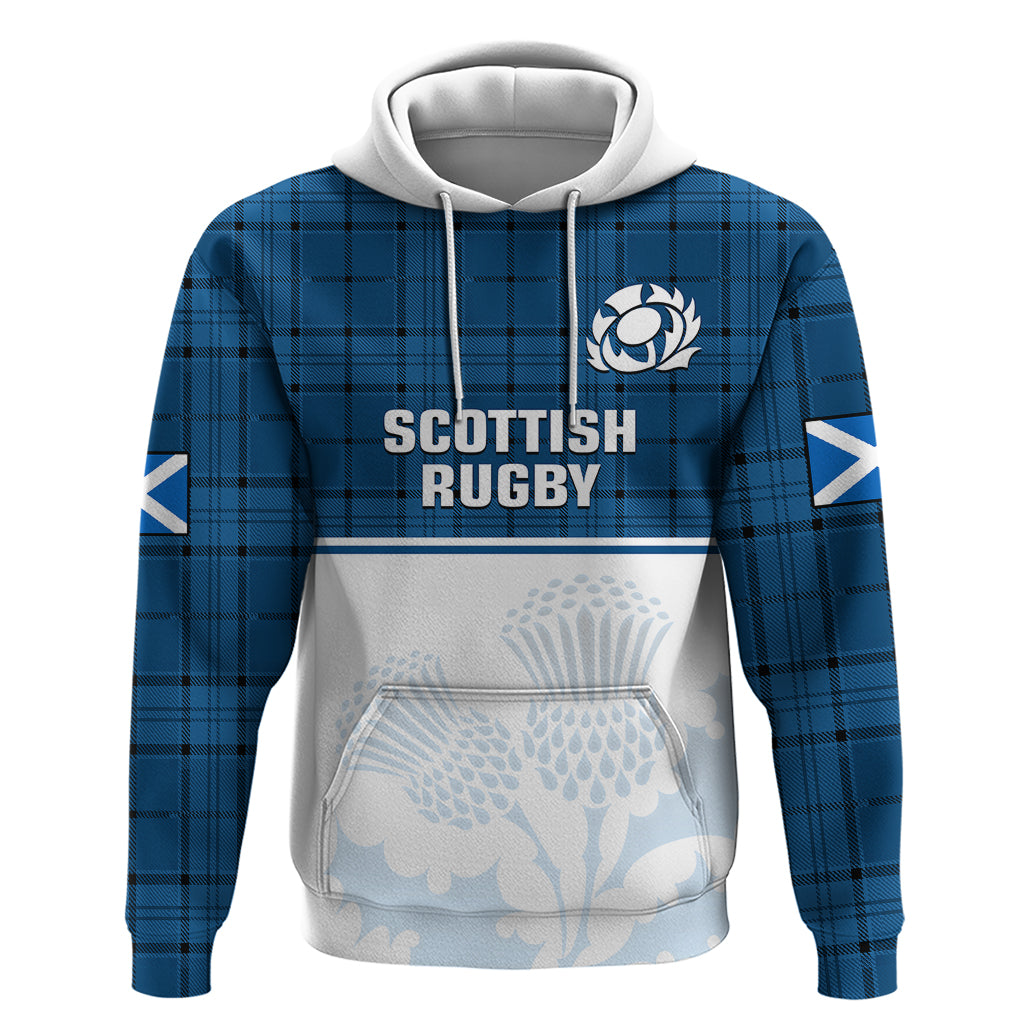 Custom Scotland Rugby Hoodie Thistle Mix Tartan Scottish Map Sporty Version Blue - Wonder Print Shop