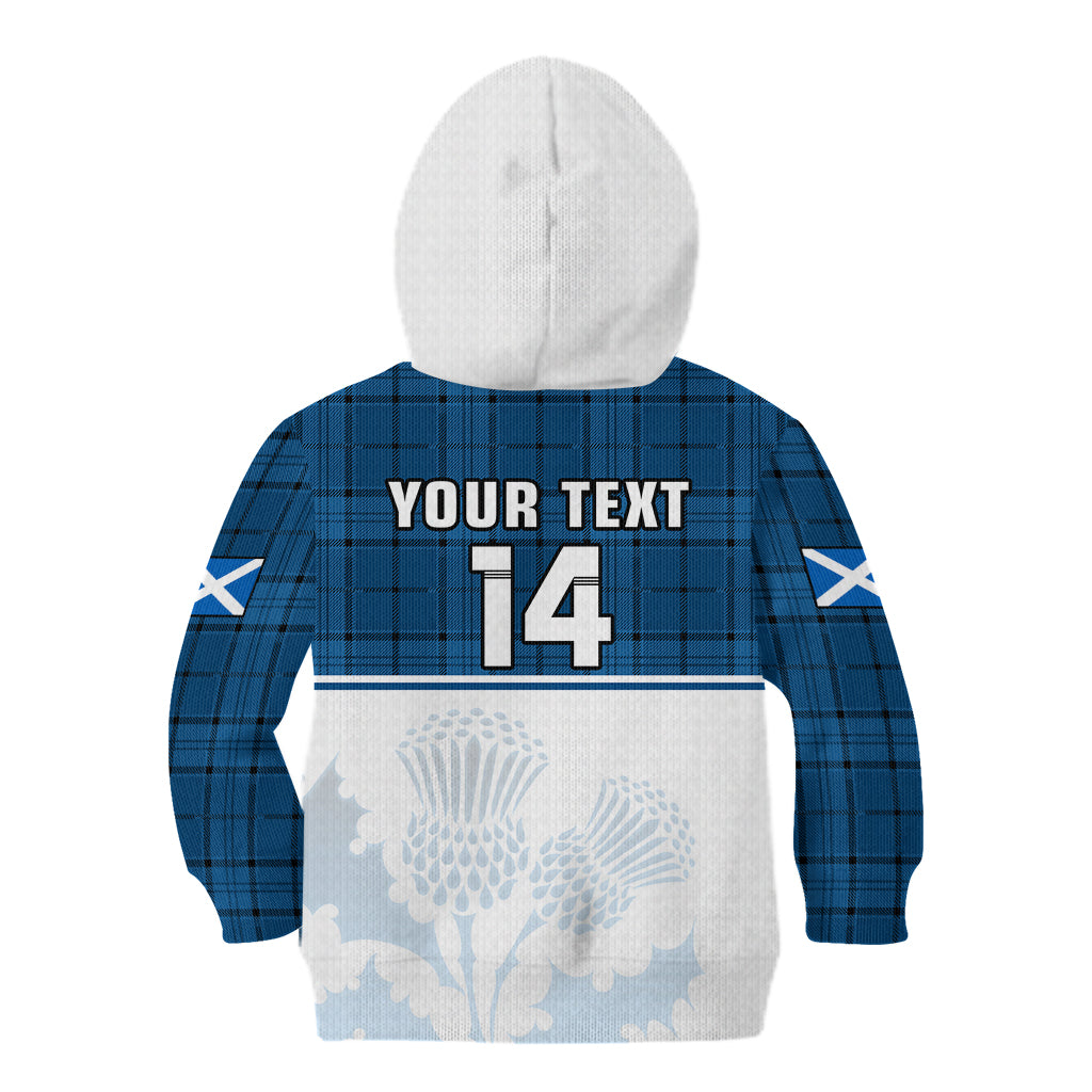 (Custom Text And Number) Scotland Rugby Kid Hoodie Thistle Mix Tartan Scottish Map Sporty Version Blue - Wonder Print Shop
