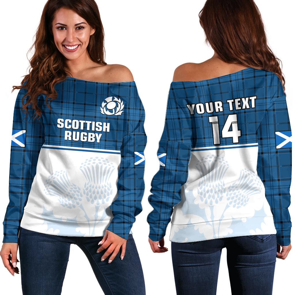 (Custom Text And Number) Scotland Rugby Off Shoulder Sweater Thistle Mix Tartan Scottish Map Sporty Version Blue - Wonder Print Shop