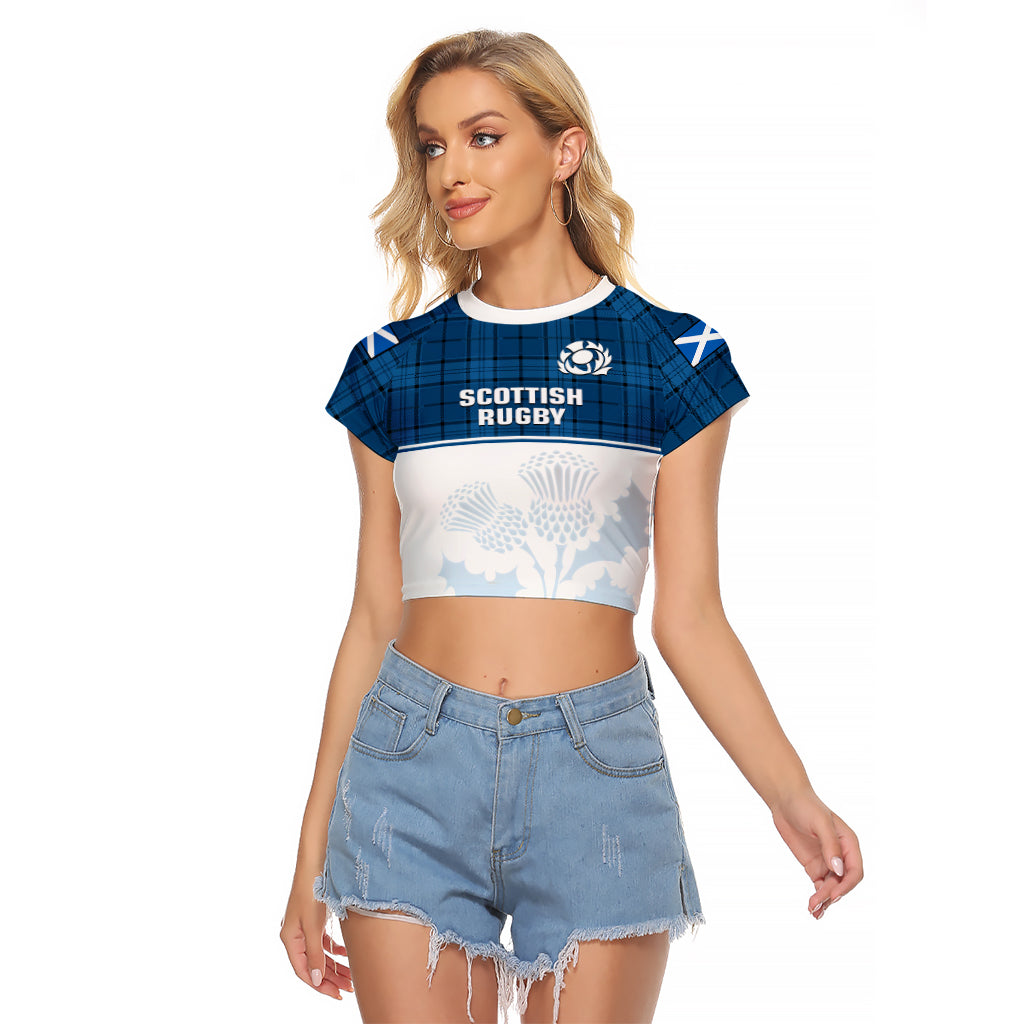 (Custom Text And Number) Scotland Rugby Raglan Cropped T Shirt Thistle Mix Tartan Scottish Map Sporty Version Blue - Wonder Print Shop