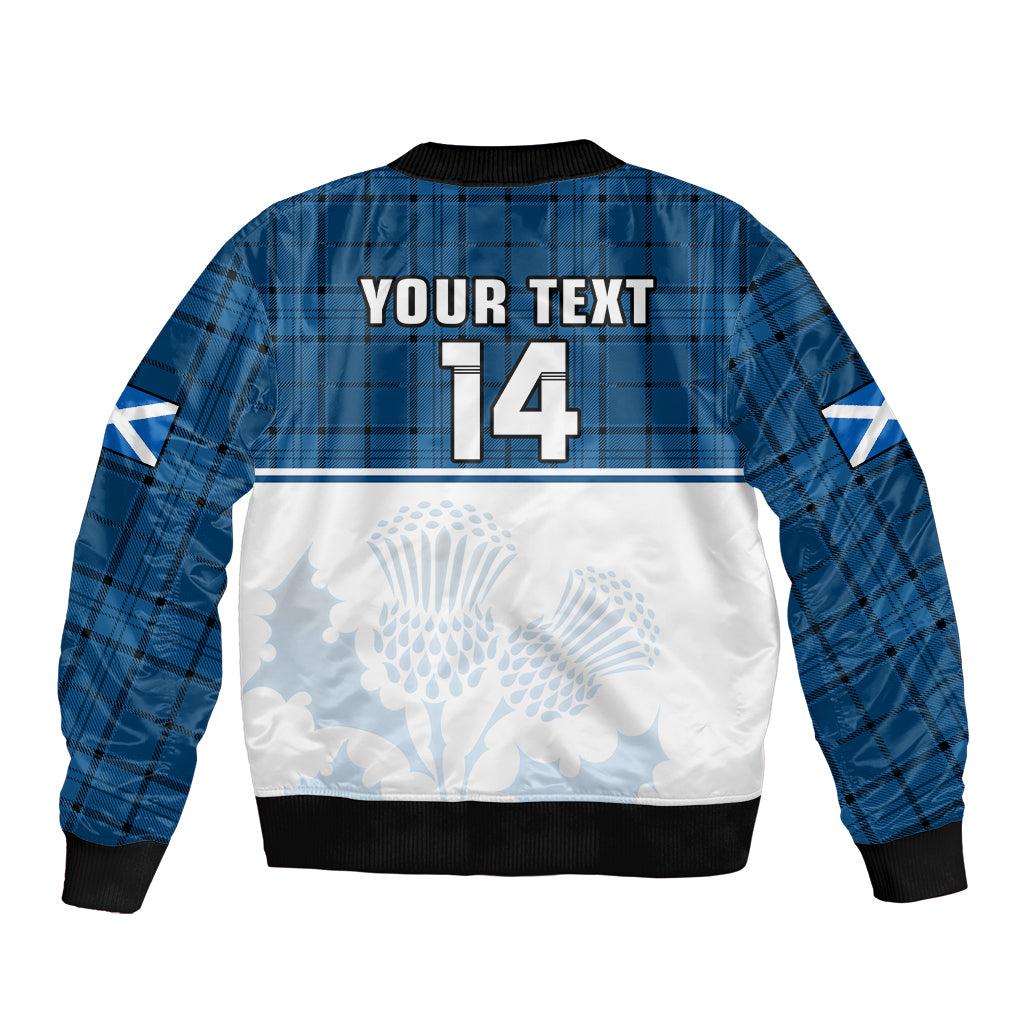(Custom Text And Number) Scotland Rugby Sleeve Zip Bomber Jacket Thistle Mix Tartan Scottish Map Sporty Version Blue - Wonder Print Shop